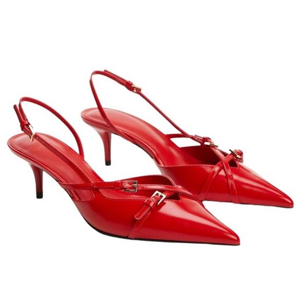 Riekhany Shoes - Riekhany Slingback Kitten Heels Closed Pointed Toe Work Pumps Buckles Red Size 9